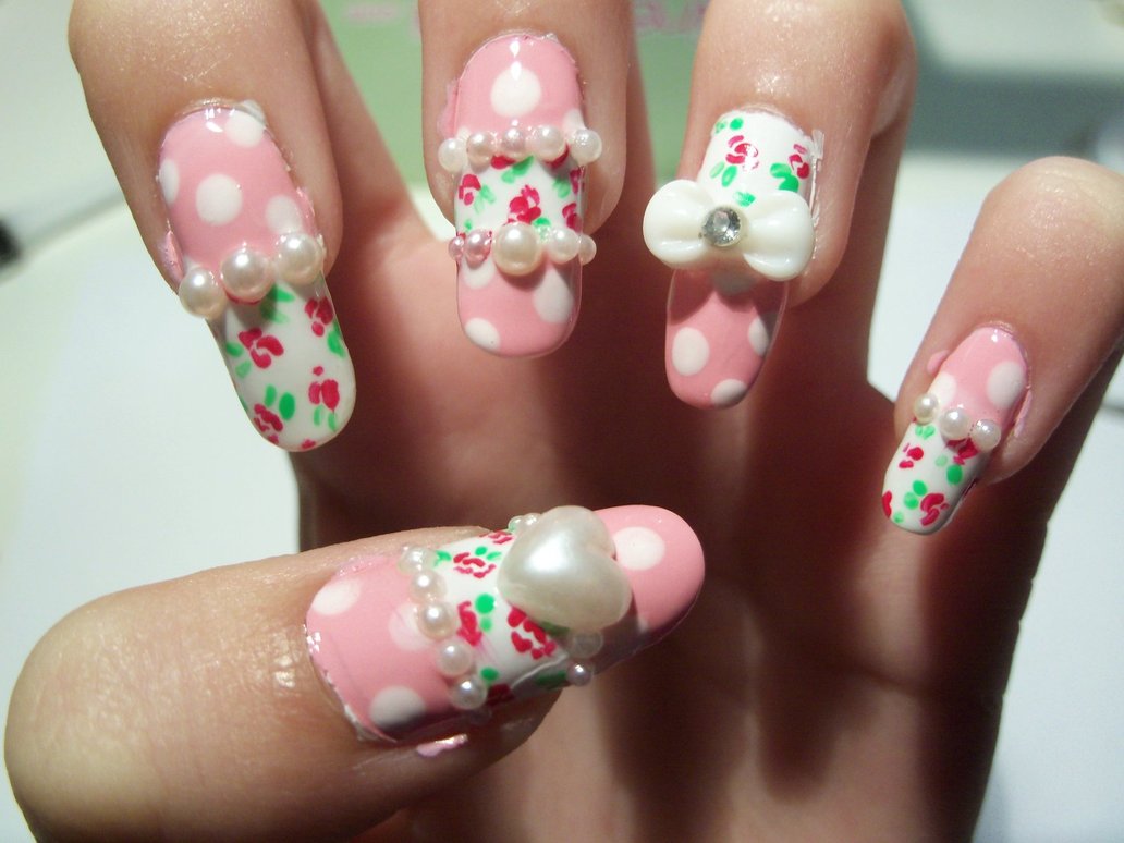 Pearl Studs Nail Art With 3d Bow And Heart Nail Art