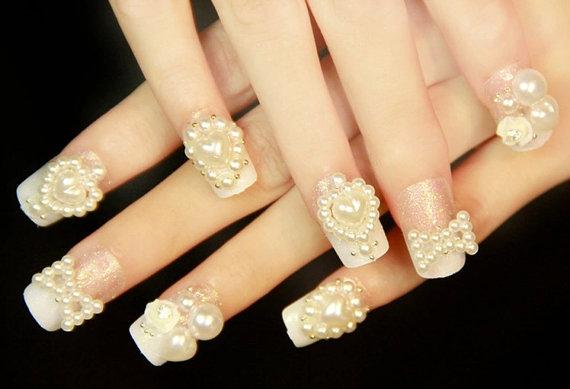 Pearls Heart And Bow Design Nail Art