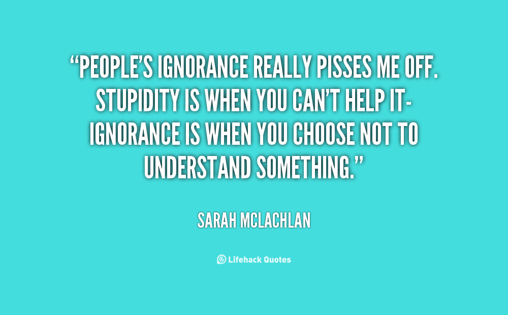 People's ignorance really pisses me off. Stupidity is when you can't help it -ignorance is when you choose not to understand something. Sarah McLachlan
