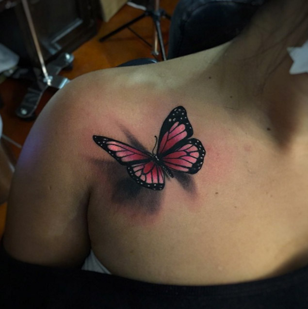 Pink 3D Butterfly Tattoo On Front Shoulder By Alex Bruz