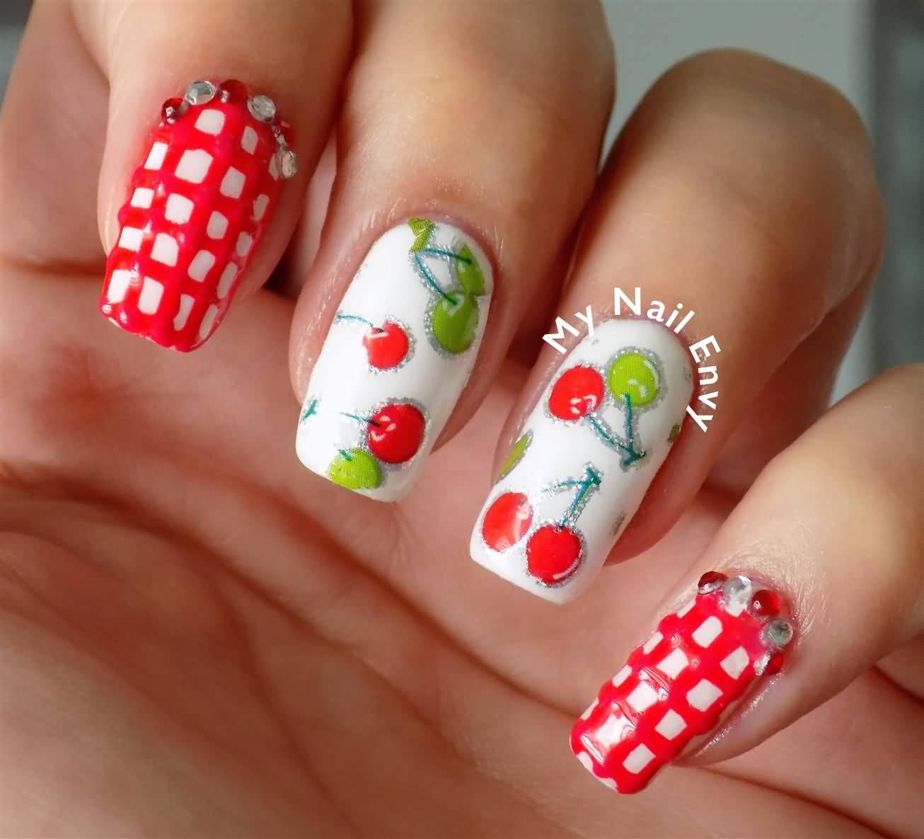 Pink Acrylic Gingham Nail Art With Fruits Design