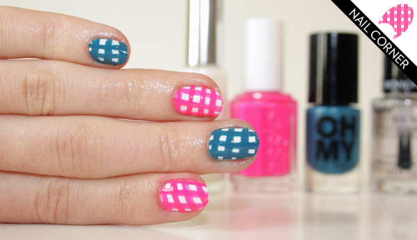 Pink And Blue Gingham Nail Art Design