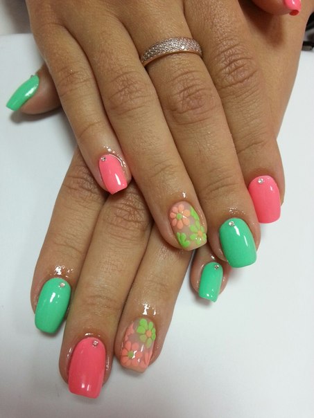 Pink And Green Spring Flowers Nail Art