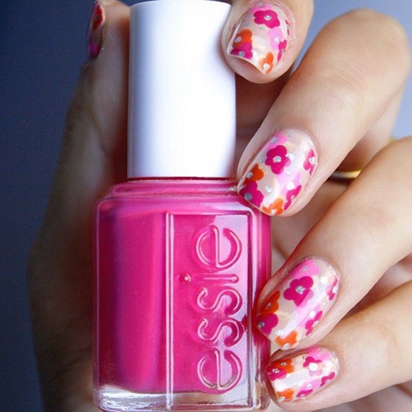 Pink And Orange Spring Flowers On Nude Nails