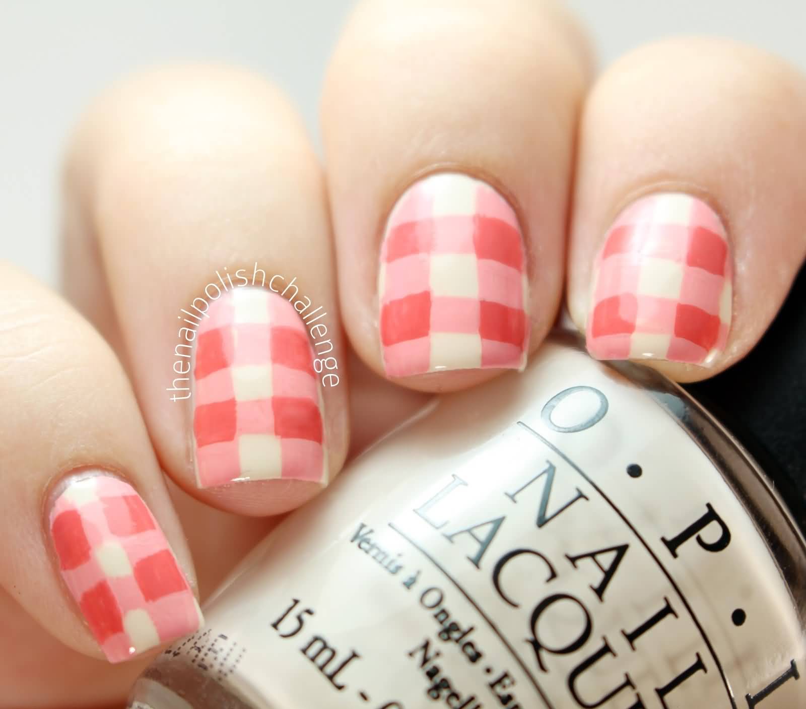 Pink And White Gingham Nail Art Design