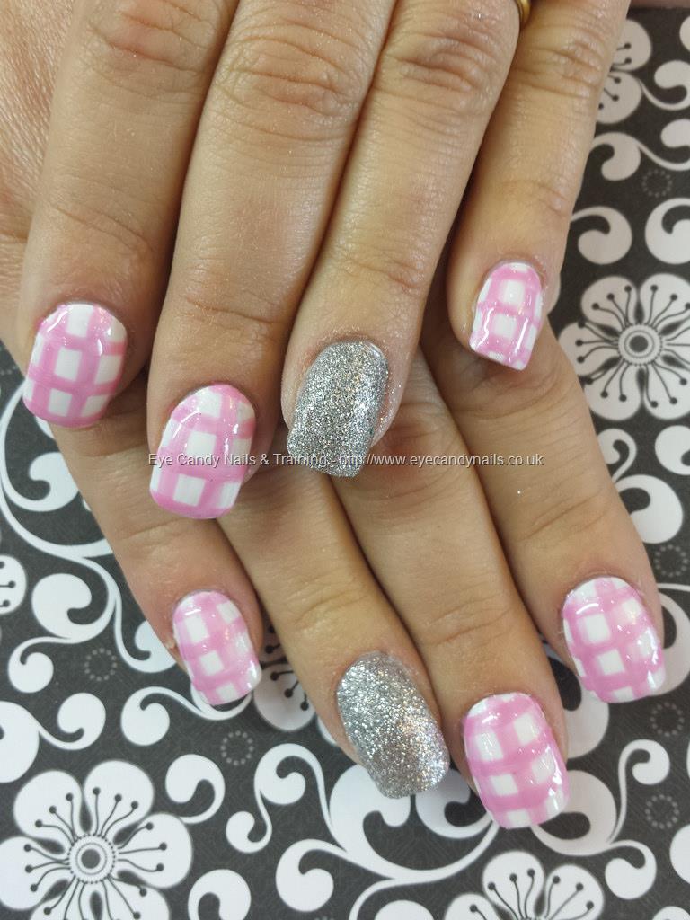 Pink And White Gingham Nail Art With Accent Silver Glitter