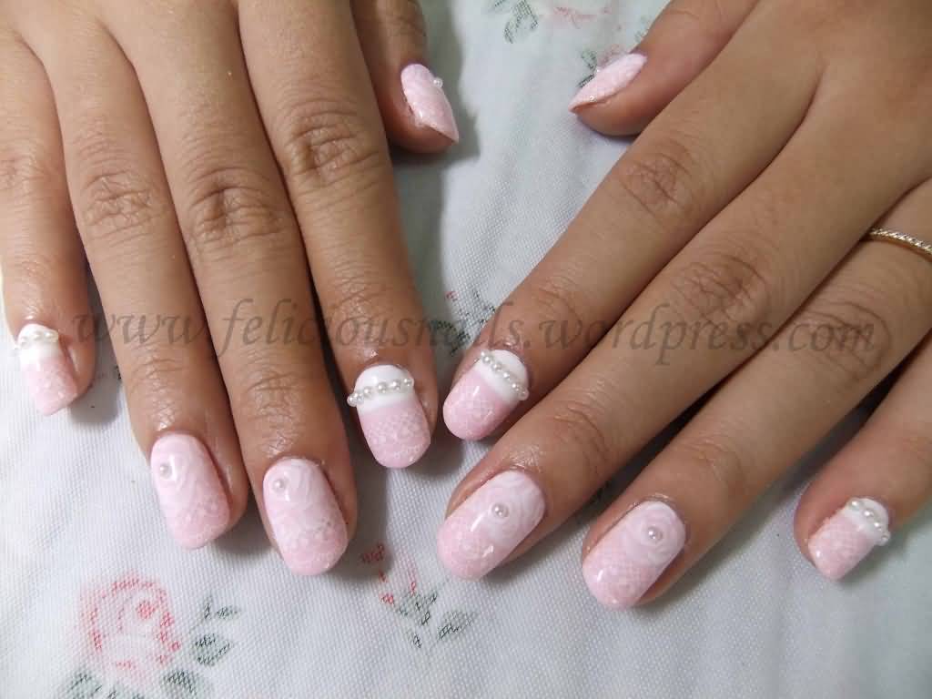 Pink And White Lace Design With Pearls Nail Art