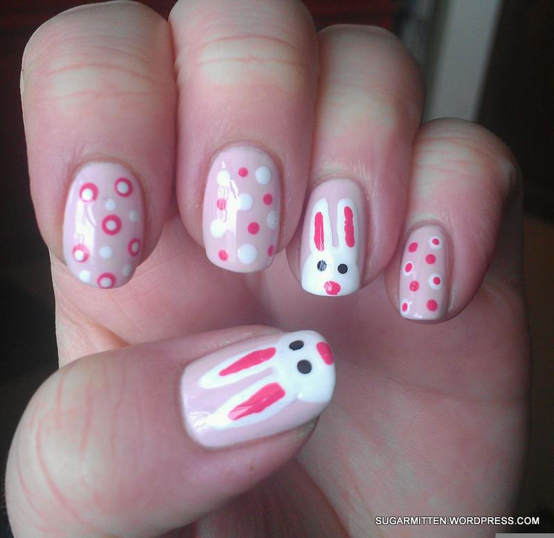 Pink And White Polka Dots With Easter Bunny Nail Art
