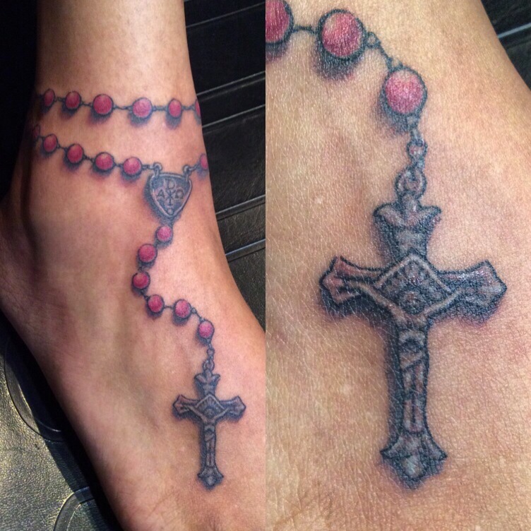 Pink Beads Holy Rosary Tattoo On Foot
