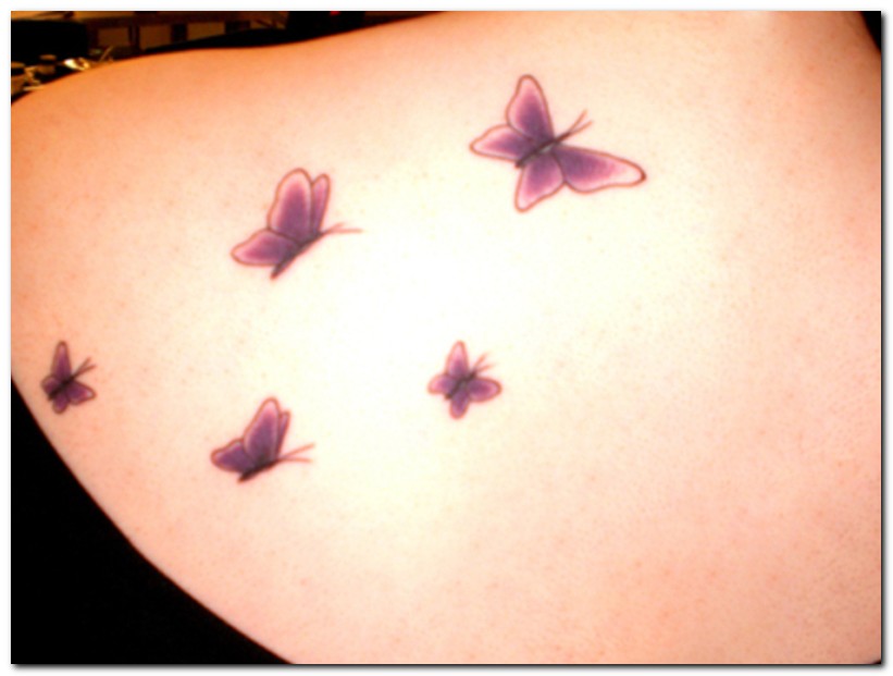 Pink Butterflies Tattoo On Back Shoulder