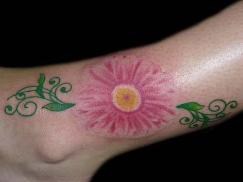 Pink Daisy Flower Ankle Tattoo For Girls