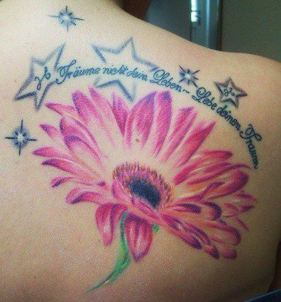 Pink Daisy Flower Tattoo On Back Shoulder