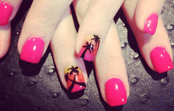 Pink Gel Nails And Palm Trees Design