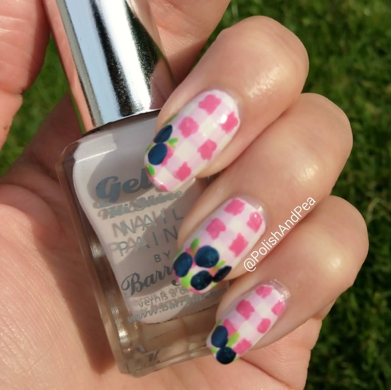 Pink Gingham Nail Art With Black Dots Design
