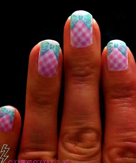 Pink Gingham Nail Art With Blue Bows Design Idea