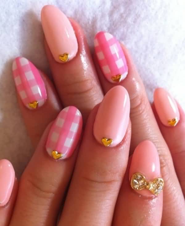 Pink Gingham Nail Art With Heart Studs And 3D Bow Design