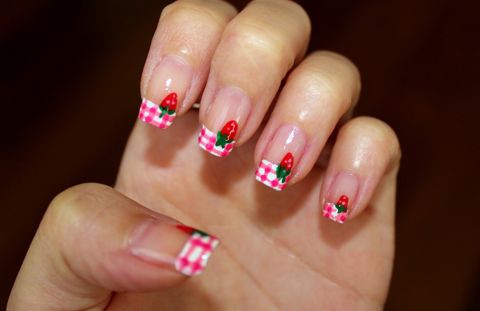 Pink Gingham Nail Art With Strawberry Design