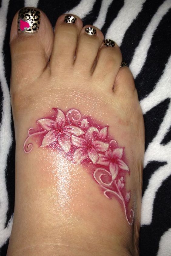 Pink Lily Flower Tattoo On Foot For Girls