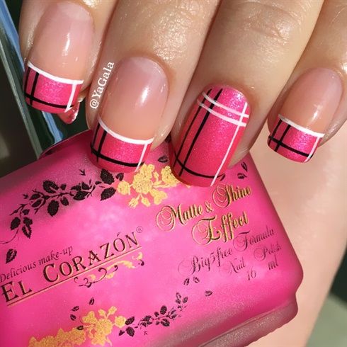 Pink Nails With Black And White Stripes Design Spring Nail Art