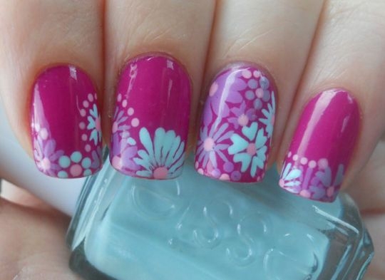 Pink Nails With Blue Spring Flowers Nail Art