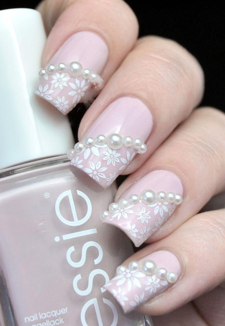 Pink Nails With Pearls Design And Flowers Nail Art