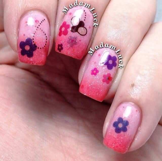 Pink Nails With Purple Spring Flowers Nail Art