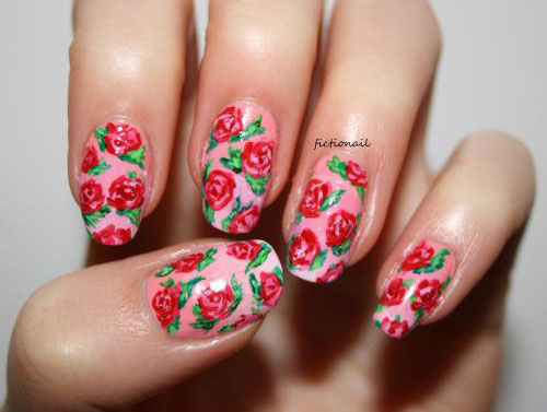 Pink Nails With Red Spring Flowers Nail Art