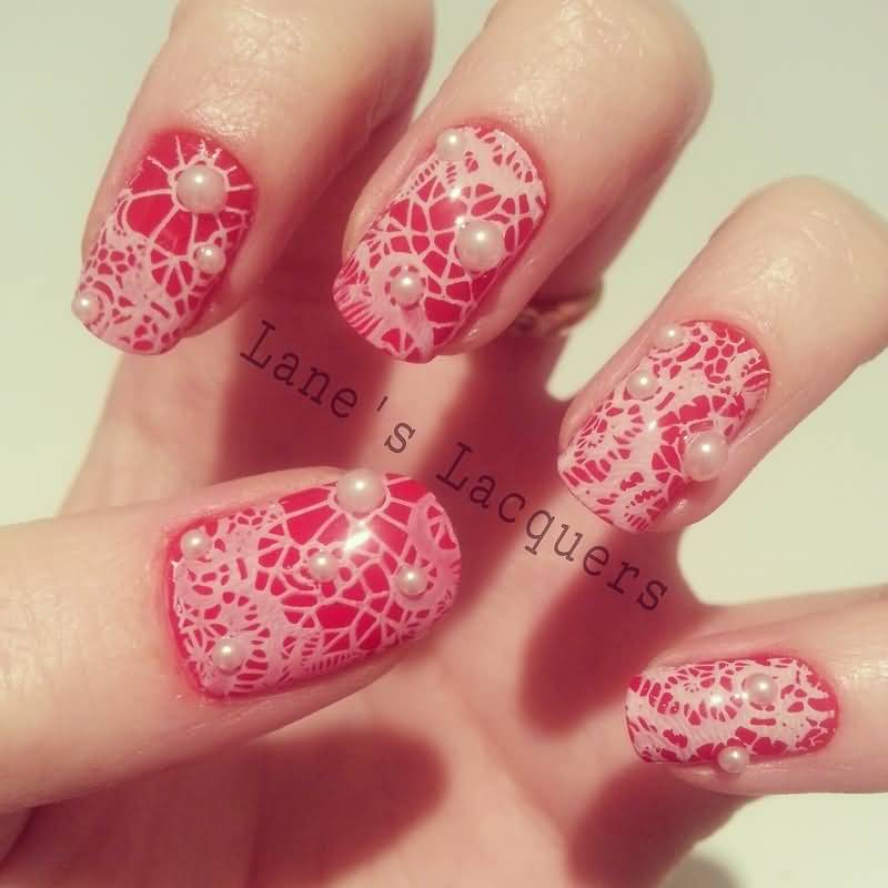 Pink Nails With White Pearls Design Nail Art