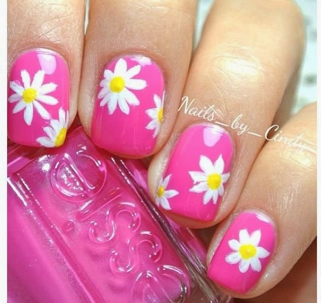 Pink Nails With White Spring Flowers Nail Art