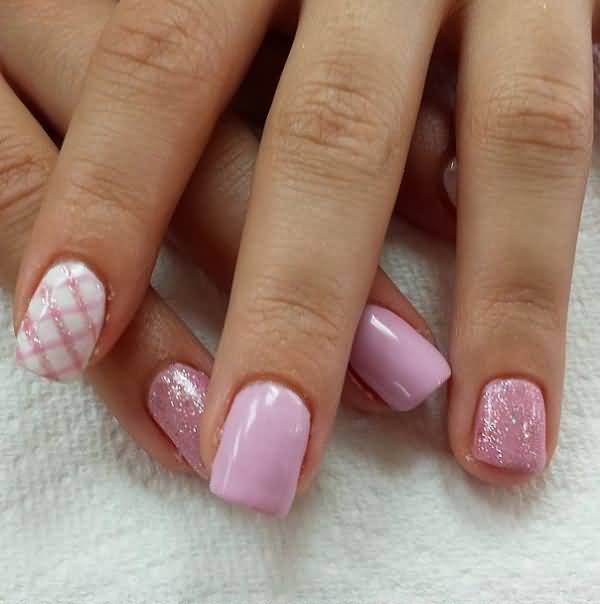 Pink Sparkle Ge Plaid Nail Art