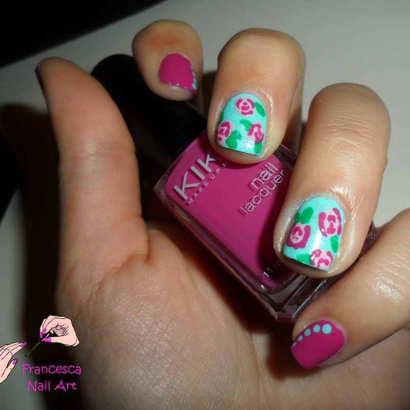 Pink Spring Flowers On Blue Nails