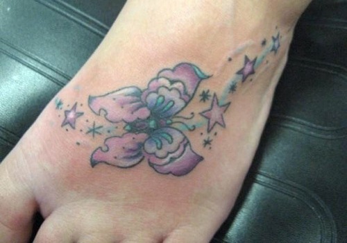Pink Stars Butterfly Tattoo On Foot