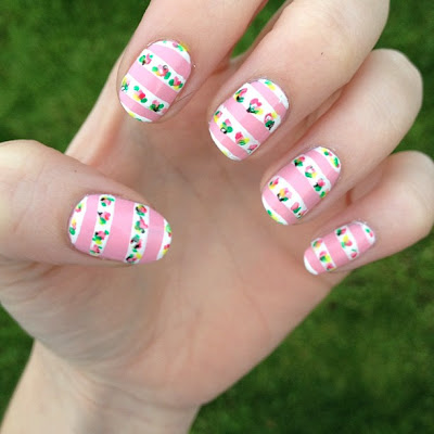Pink Stripes And Spring Flowers Nail Art