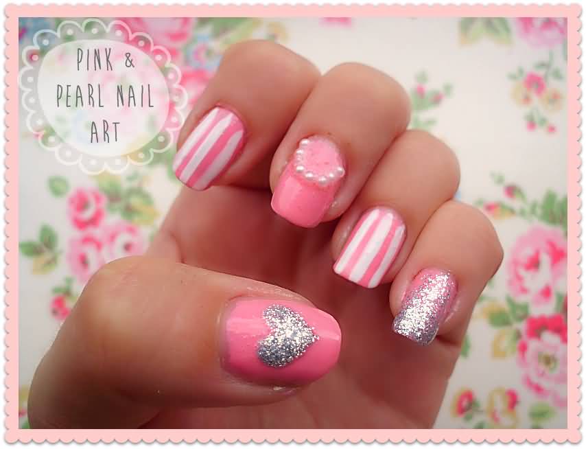 Pink Stripes With Silver Glitter Heart And Pearl Design Nail Art