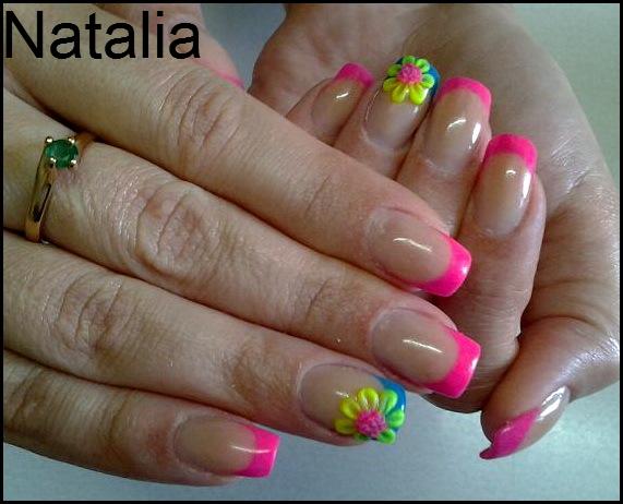 Pink Tip And 3D Spring Flowers Nail Art