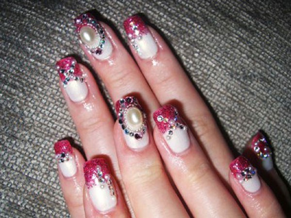 Pink Tip Nails With Pearls Design Nail Art