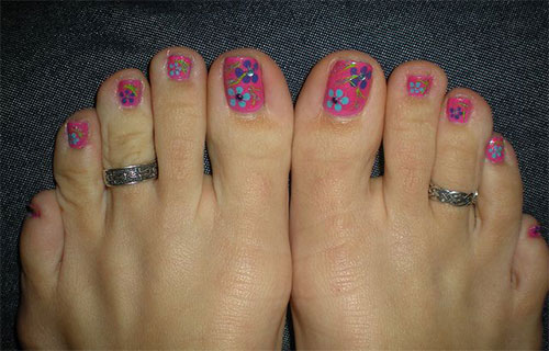 Pink Toe Nails With Blue Spring Flowers Nail Art