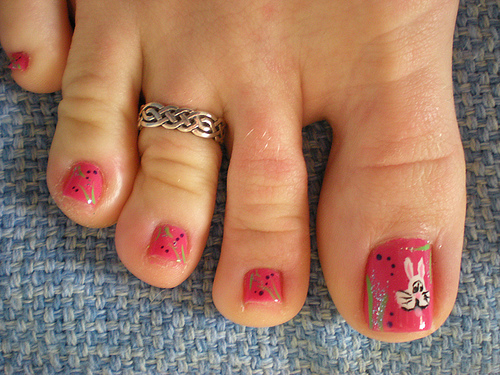 Pink Toe Nails With Easter Bunny Nail Art