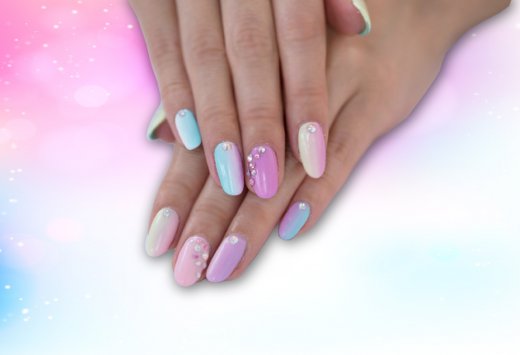 Pink Yellow And Blue Gel Nail Art With Rhinestones