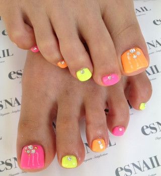Pink Yellow And Orange Neon Spring Toe Nail Art