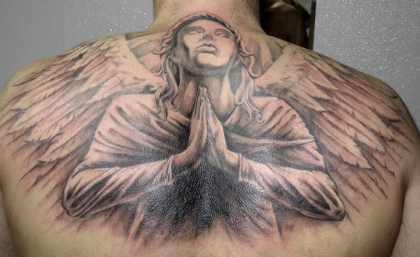 Praying Angel Tattoo On Upper Back For Men