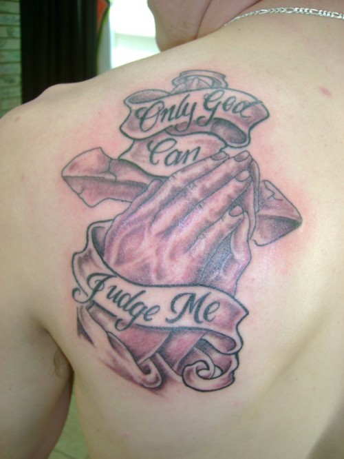 Praying Hands And Cross With Banner Tattoo For Men