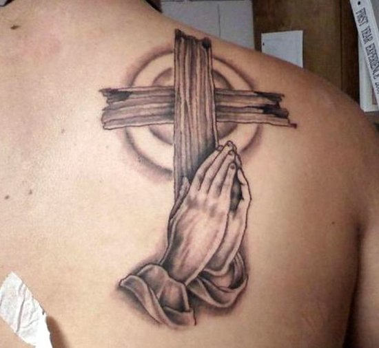 Praying Hands Christian Tattoo On Back Shoulder