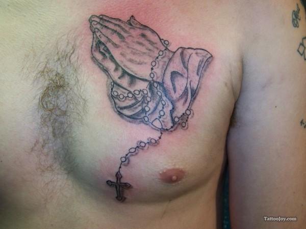 Praying Hands Rosary Tattoo On Chest