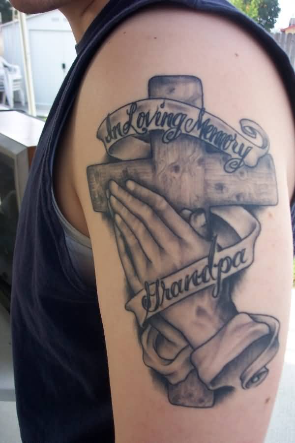 Praying Hands With Cross Memorial Tattoo For Men