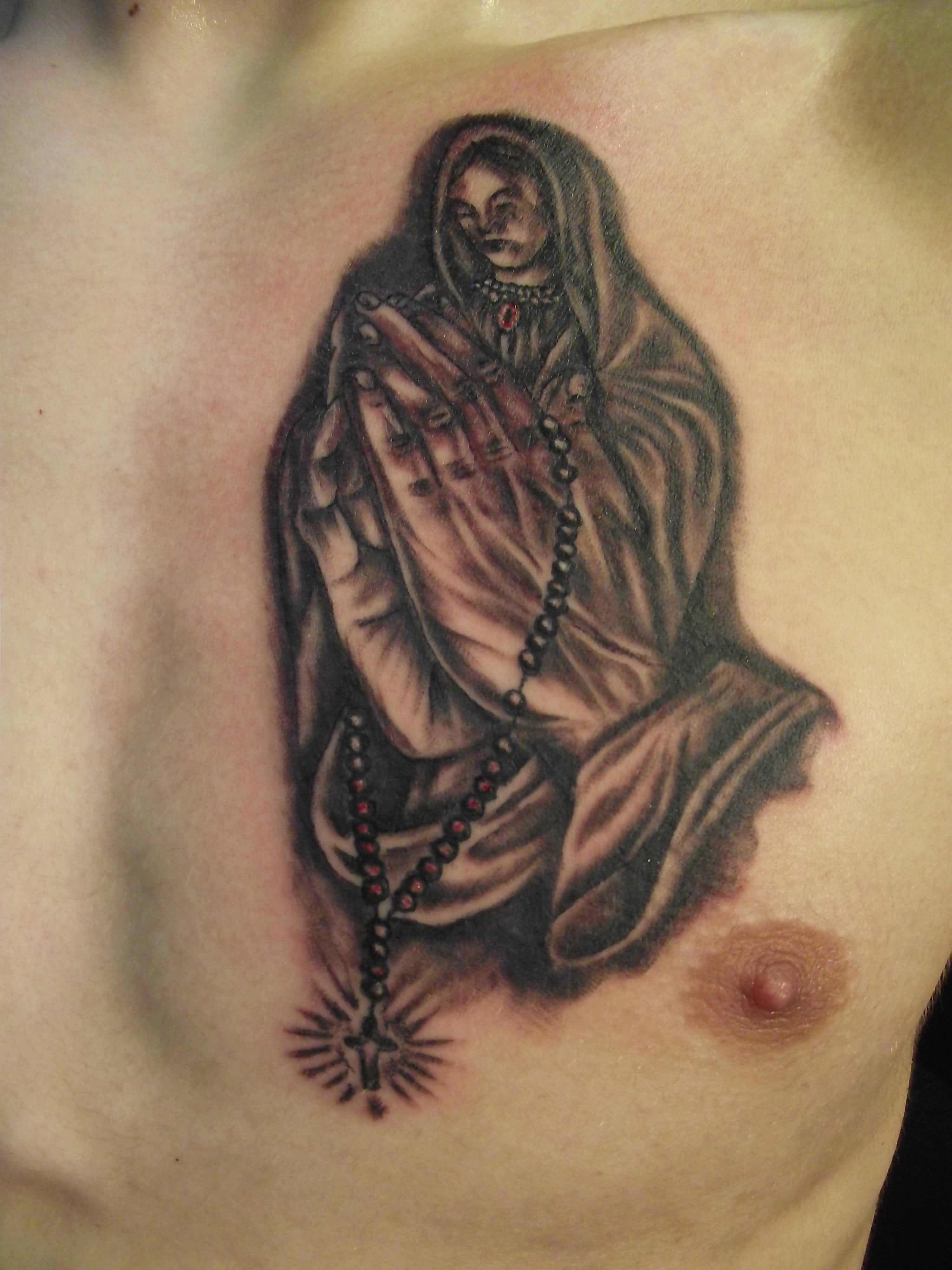 Praying Hands With Rosary Tattoo On Chest For Men