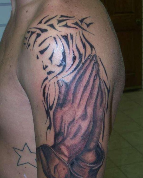 Praying To God Tribal Christian Tattoo On Half Sleeve