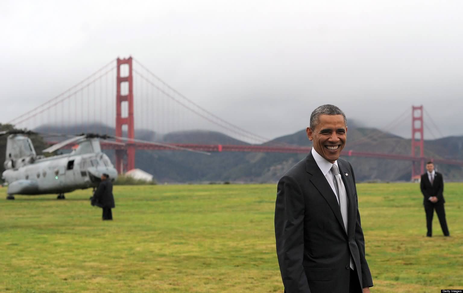 President Obama Poses In Front Of Golden Gate Bridge