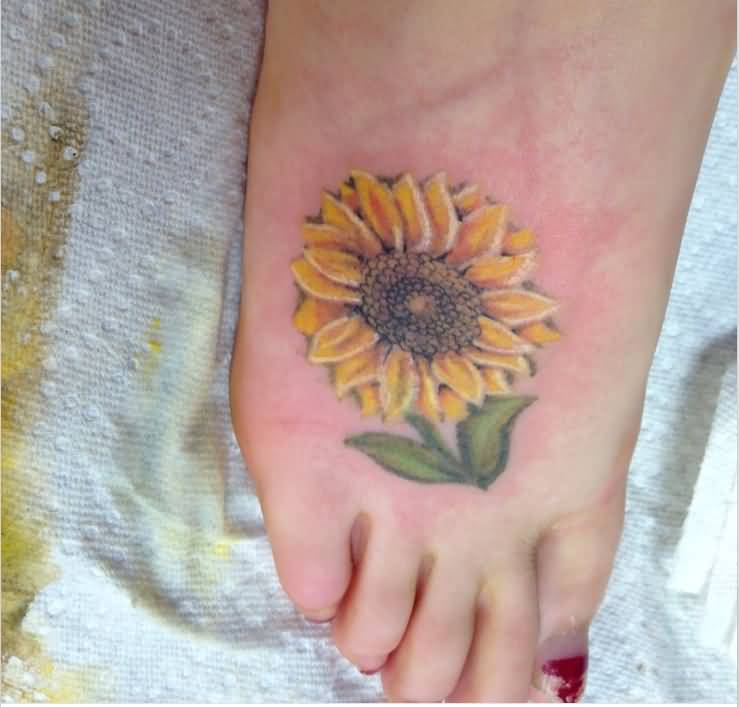 Pretty Sunflower Tattoo On Foot For Girls