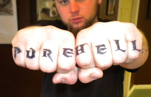 Pure Hell Words Tattoo On Both Hand Fingers